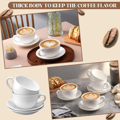 4 Set 16oz Cappuccino Cups with Saucers, Heavyweight Porcelain Large Ceramic Coffee Mugs, White Espresso Cup Saucer Set, Housewarming Gift, for Tea, Espresso, Latte, Kitchen Cafe