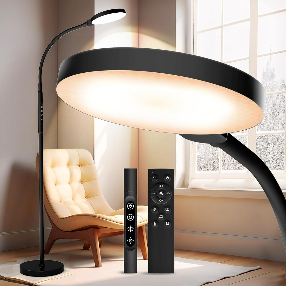 Light Therapy Lamp, 3 in 1 Therapy Floor Lighting, 11000 Lux Full Spectrum Therapy Lamps, UV-Free LED Sunlight, 10 Brightness/5Color/Gooseneck/Height Adjustable with Timer Control, Black
