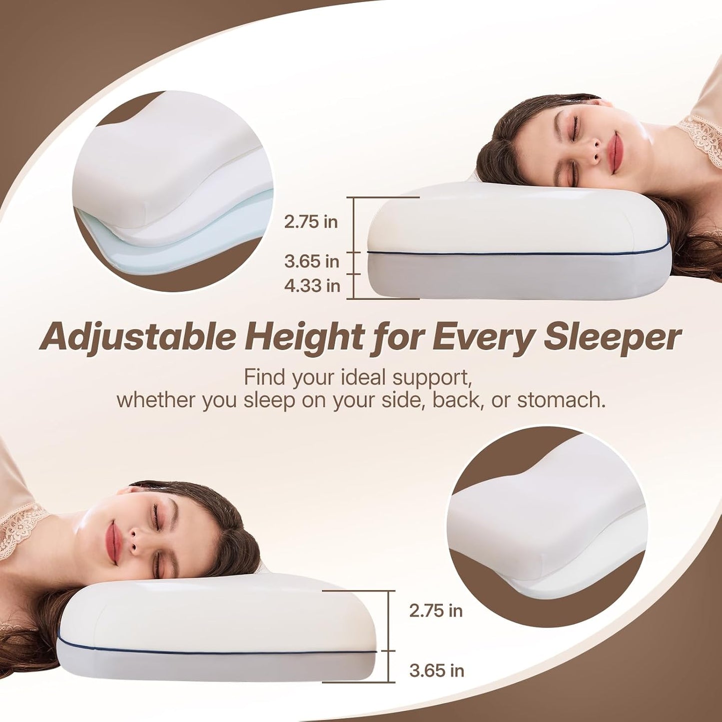 Cervical Neck Pillow, Adjustable Memory Foam for Neck Support, White