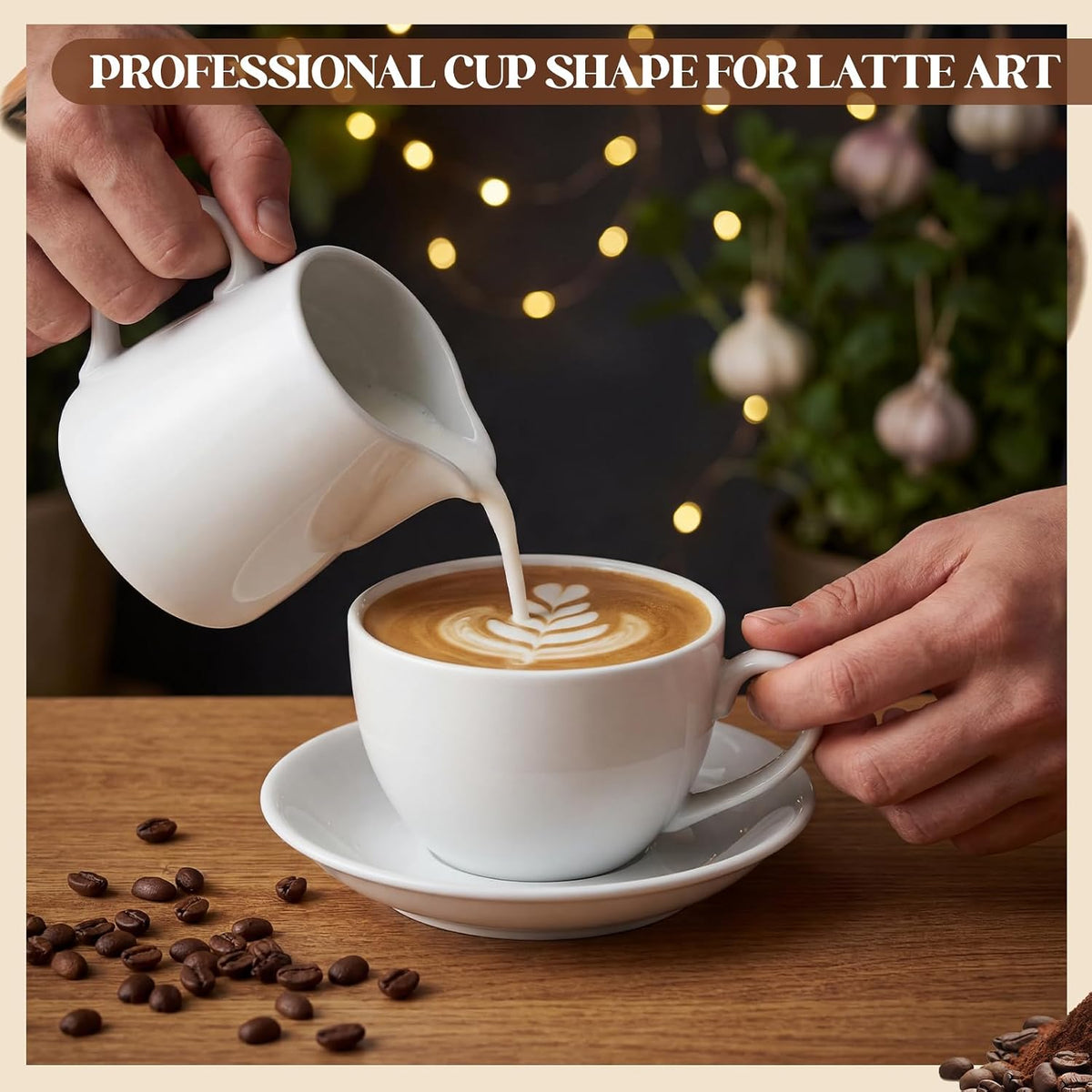 4 Set 16oz Cappuccino Cups with Saucers, Heavyweight Porcelain Large Ceramic Coffee Mugs, White Espresso Cup Saucer Set, Housewarming Gift, for Tea, Espresso, Latte, Kitchen Cafe