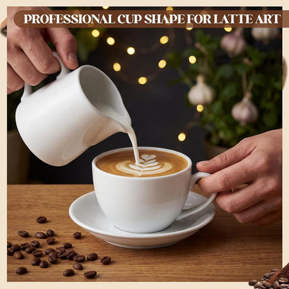 4 Set 16oz Cappuccino Cups with Saucers, Heavyweight Porcelain Large Ceramic Coffee Mugs, White Espresso Cup Saucer Set, Housewarming Gift, for Tea, Espresso, Latte, Kitchen Cafe