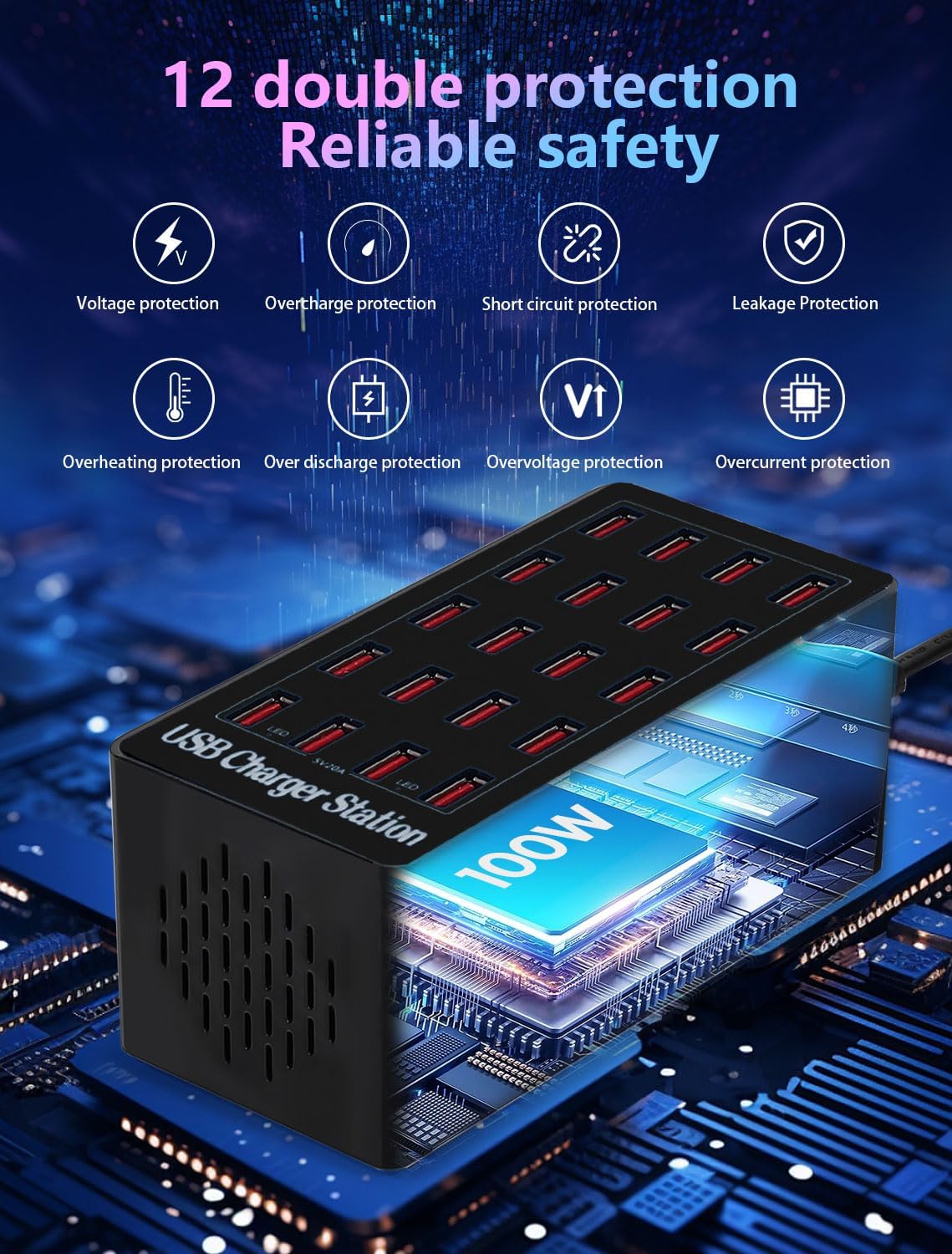 USB Charging Station,100W 20-Port Multi Smart Safety Fast Charger Station for Phone Tablet Watch Headphone PS, Compact Desktop Charger Home Office Travel