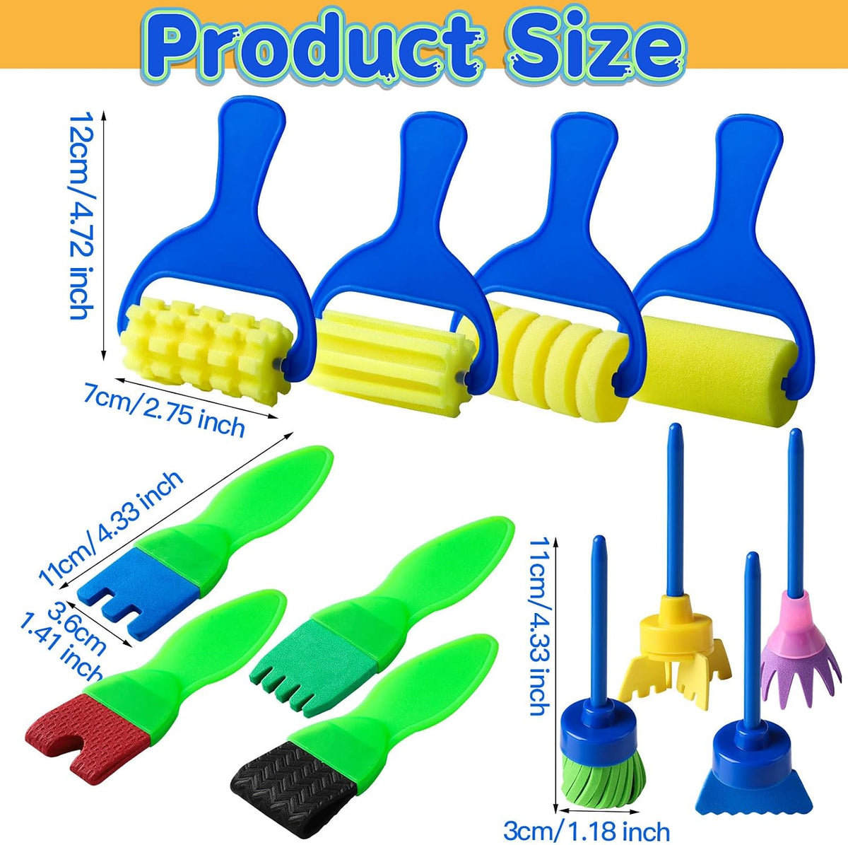 YGDZ Kids Paint Brushes, 12-Pack Washable Sponge & Foam Painting Brushes for Toddlers & Kids, Early Learning Arts & Crafts Supplies, Assorted Designs