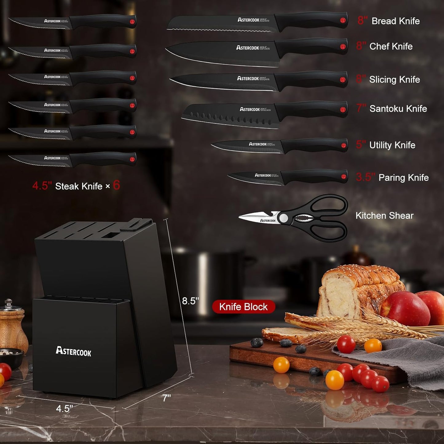 Astercook Knife Set for Kitchen with Block and Sharpener 15pcs German