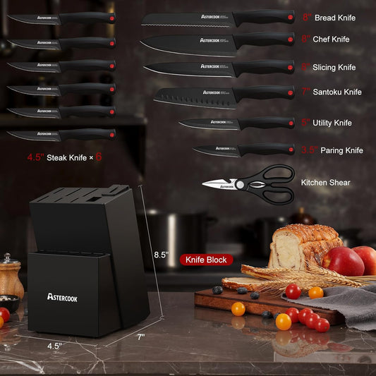 Astercook Knife Set for Kitchen with Block and Sharpener 15pcs German