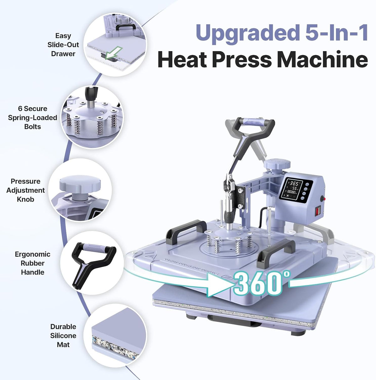 Slendor 15x15 inch 8 in 1 Swing Away Heat Press Machine for T Shirts Expand DIY creations with 8-in-1 press for T-shirts, tumblers, mugs, hats & gifts for small businesses