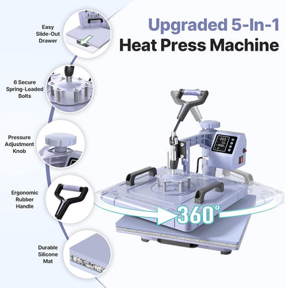 Slendor 15x15 inch 8 in 1 Swing Away Heat Press Machine for T Shirts Expand DIY creations with 8-in-1 press for T-shirts, tumblers, mugs, hats & gifts for small businesses