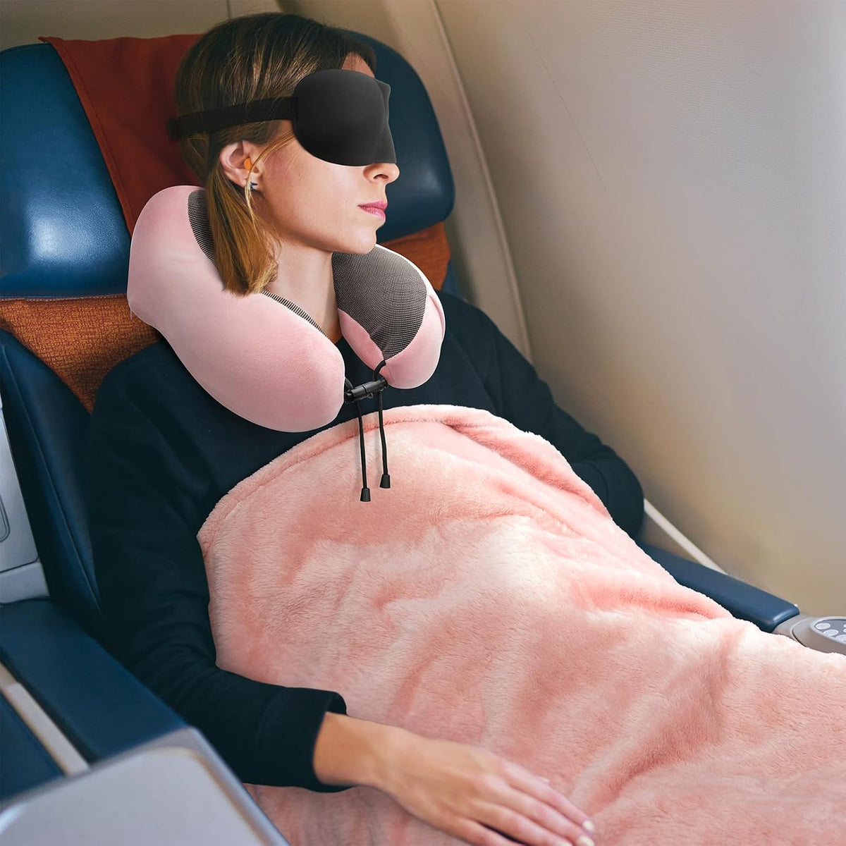 urnexttour Travel Pillow and Blanket Set Neck Pillow Airplane Foam Pink 43x60 Inch Plane Blanket, Traveling Compact Storage Bag, Eye Mask, and Earplugs for Ultimate Flight Comfort, Women and Men