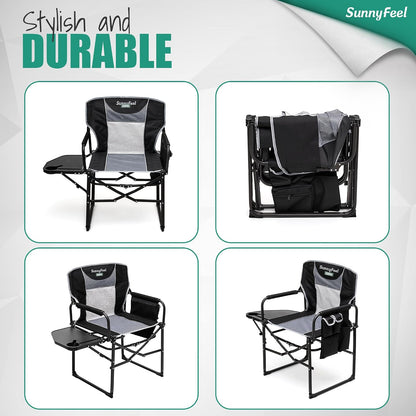 SUNNYFEEL Oversized Camping Chair Portable Directors Chairs with Side Table Heavy Duty Folding Lawn Chair for Adults 300LBS with Compact Size, Breathable Mesh, Pocket & Carry Bag for Outdoor, Lawn, RV