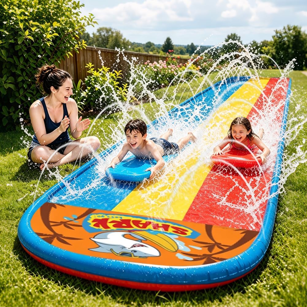 23FT Triple Water Slide with 3 Inflatable Bodyboards, Lawn Slip Splash Slide with Built-In Sprinkler, Outdoor Backyard Water Slide for Kids & Adults