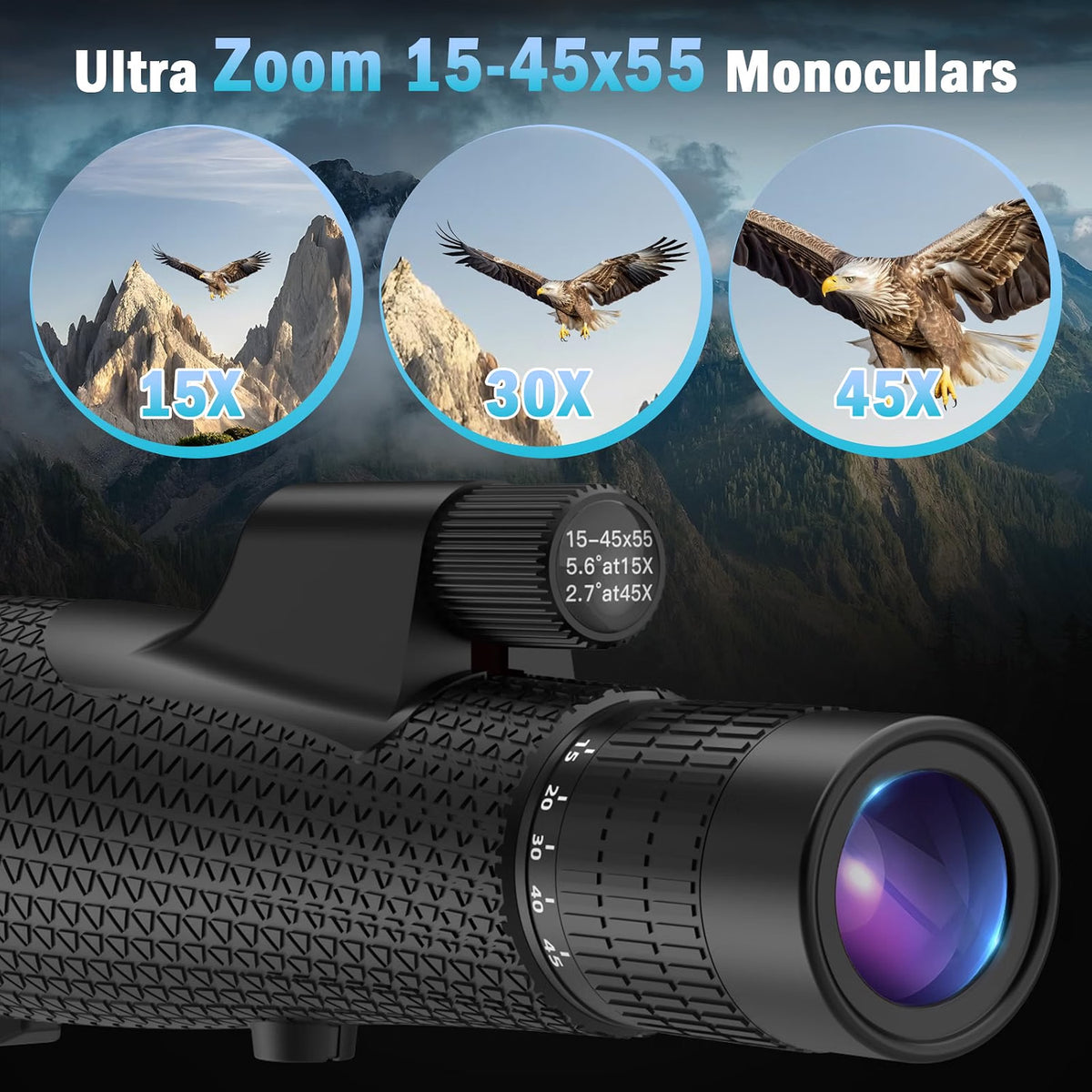 Sogries 15-45x55 High Power Zoom Monocular Telescope, 55mm BAK-4 Prism Scope for Bird Watching, Hiking, Travel, Sports & Outdoor Viewing
