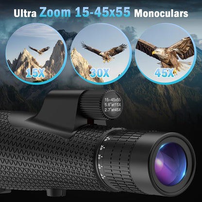 Sogries 15-45x55 High Power Zoom Monocular Telescope, 55mm BAK-4 Prism Scope for Bird Watching, Hiking, Travel, Sports & Outdoor Viewing