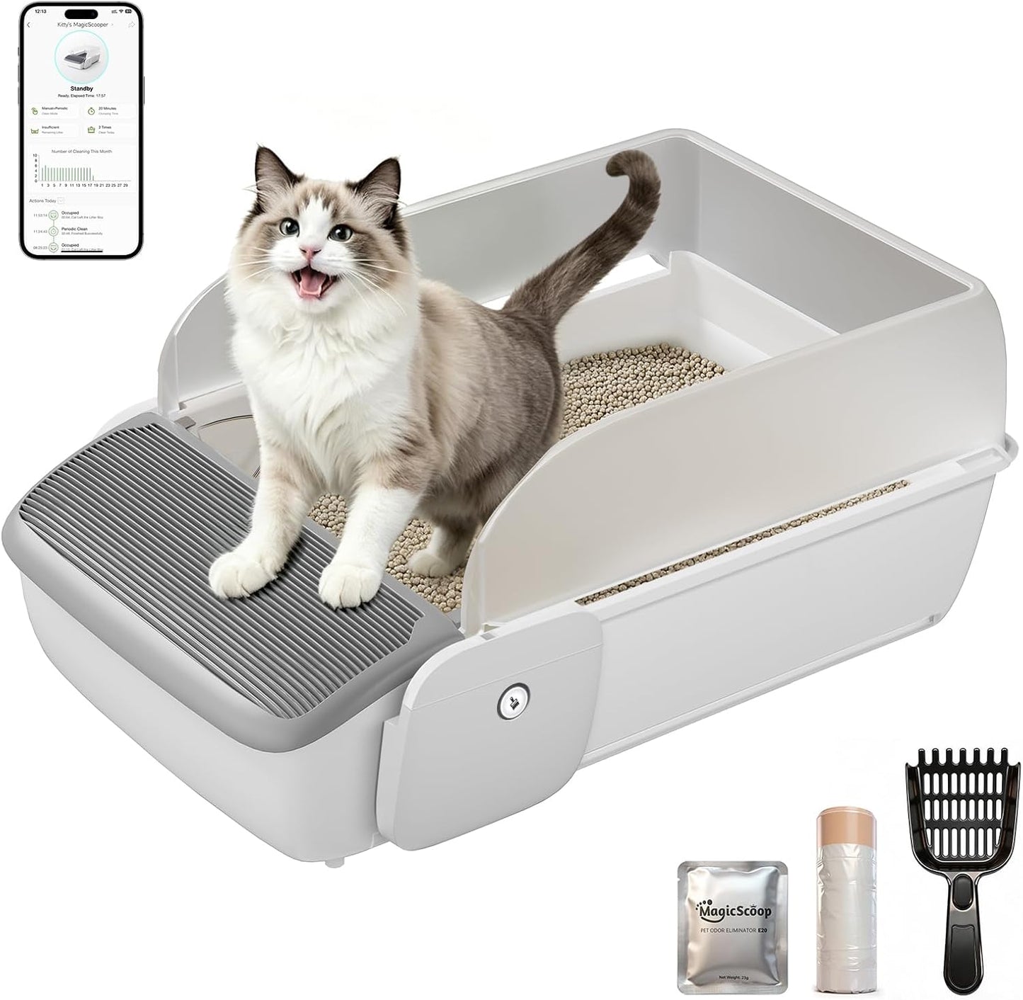 Self Cleaning Cat Litter Box, Open Top Automatic Litter Box, App Control Anti-Pinch Safety Sensors, 6.5L Waste Drawer with Odor Control, 20 Waste Bags, Large Capacity for Big Cats & Multi-Cat Homes