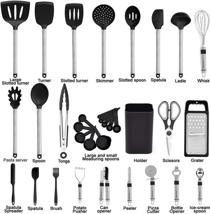 BESTZMWK 33-Piece Silicone Kitchen Utensil Set Black