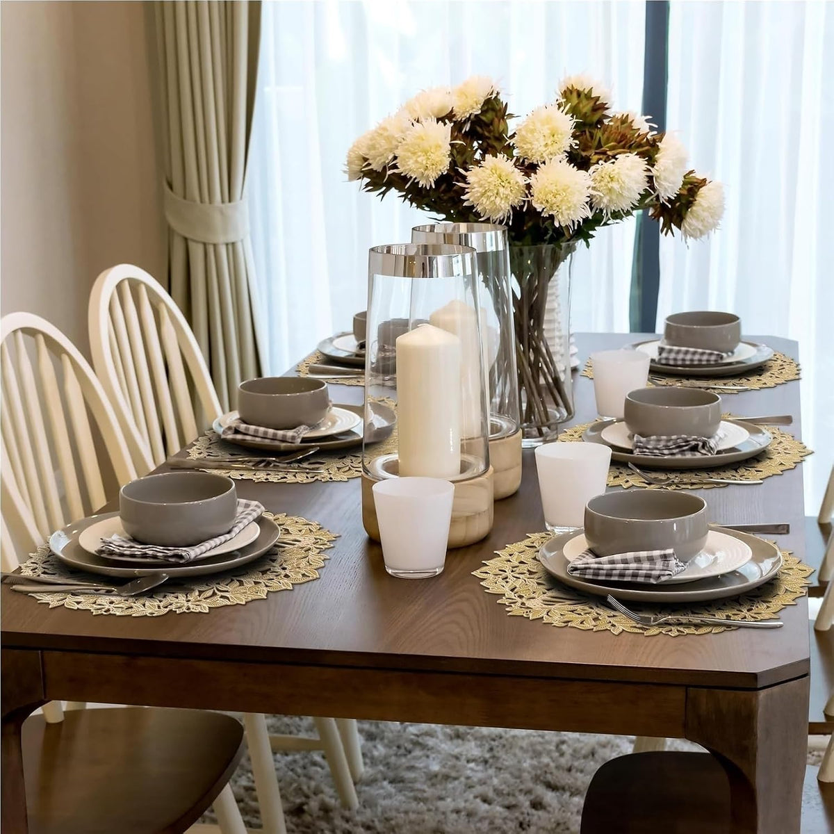 Round Placemats Set of 6, Vinyl Placemats PVC Hollow Out Dining Table Runner Non-Slip Tablemats Waterproof Leaf Shaped Placemats Heat Resistant Pad for Wedding Decoration(Rose Gold)