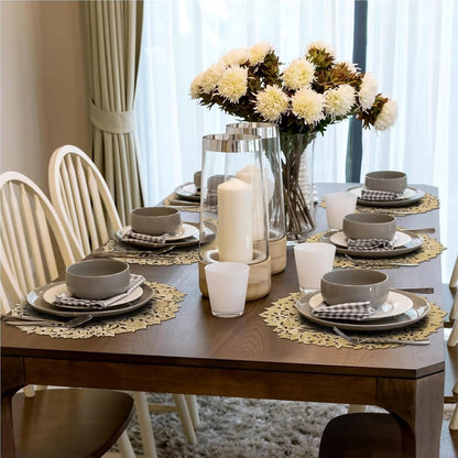 Round Placemats Set of 6, Vinyl Placemats PVC Hollow Out Dining Table Runner Non-Slip Tablemats Waterproof Leaf Shaped Placemats Heat Resistant Pad for Wedding Decoration(Rose Gold)