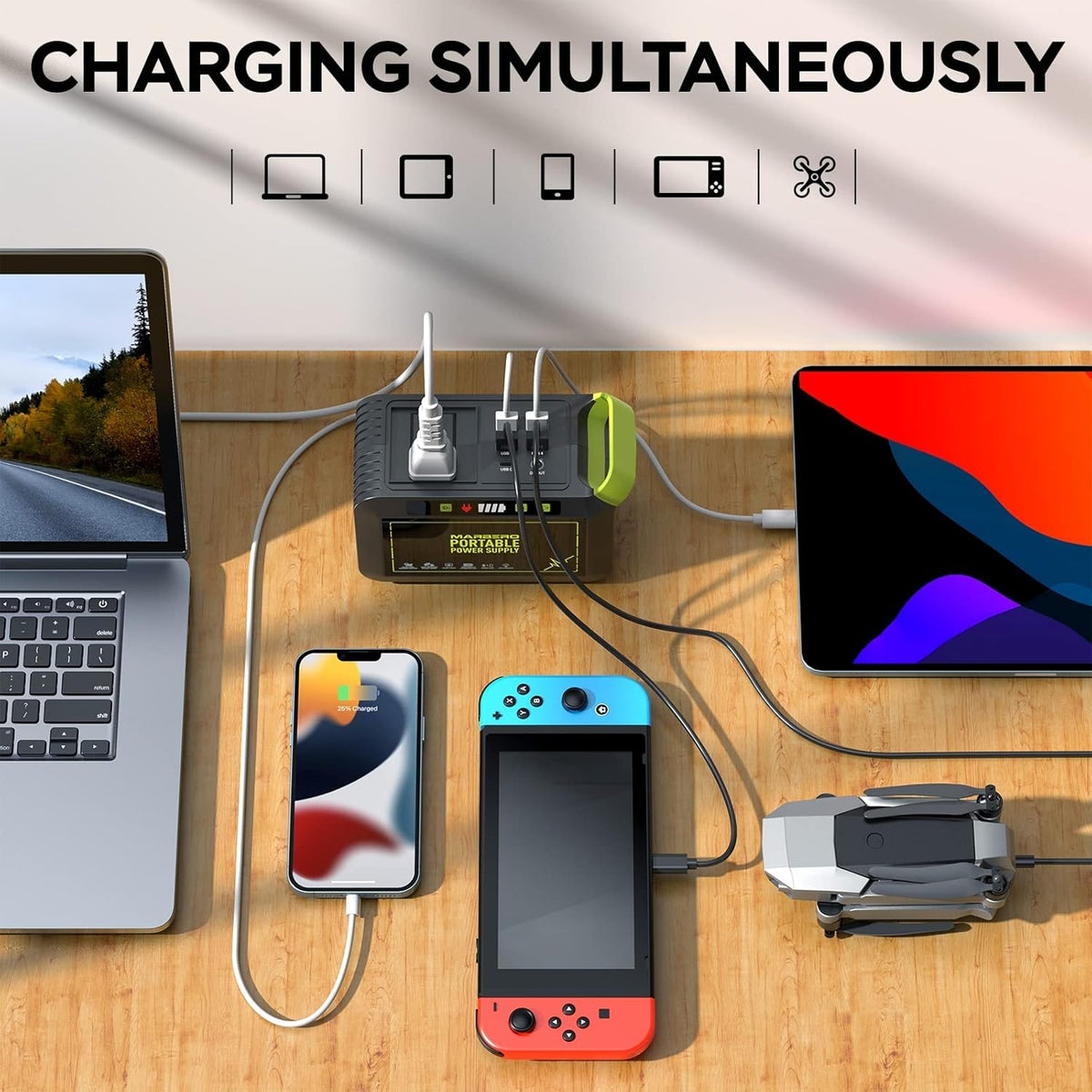 MARBERO Portable Power Station 88Wh, 120W Surge, 24,000mAh Power Bank with 110V AC Outlet, 8 Output Ports for Camping, Home Backup, Outdoor Emergency, Hunting & Fishing