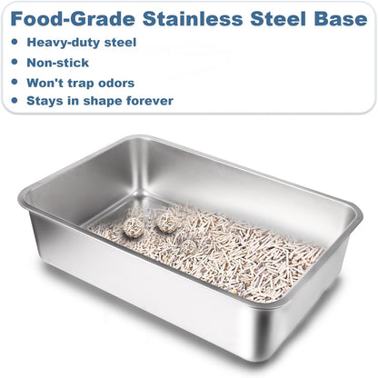 HyperionFlo Essentials Stainless Steel Cat Litter Box with Lid, X-Large High-Sided Covered Metal Litter Pan with Scoop & Dual-Layer Mat, White