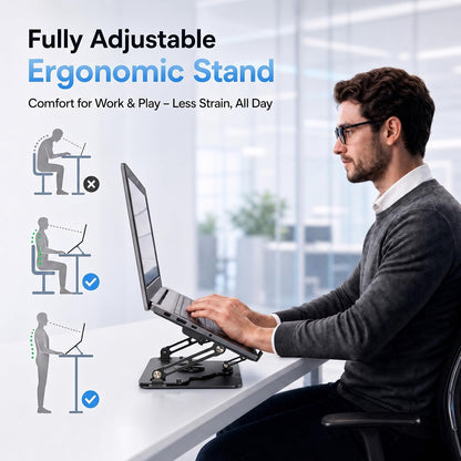 Laptop Cooling Pad with Detachable Fan & Cooler (USB A-C Port) 2-in-1 Adjustable Laptop & Phone Stand, Ultra-Quiet, 360° Rotatable Base, Carbon Steel Framework for Laptops Up to 17 Inch