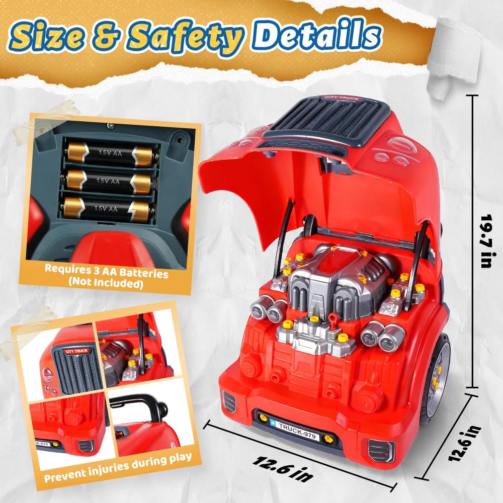 POFJOEQ Interactive Truck Engine Toy, Removable Parts Kids Mechanic Repair Set with Electric Drill, Lights & Sounds, Pretend Auto Service Station for Ages 3–5, Red