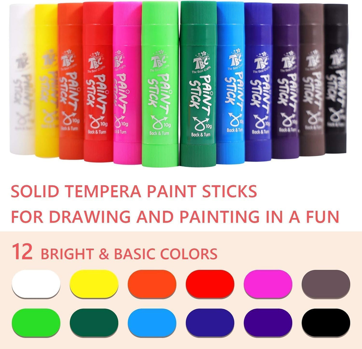 TBC The Best Crafts Paint Sticks for Kids Ages 2-8, 12 Classic Colors, Washable Non-Toxic Tempera Paint Sticks, Fast-Drying Art Supplies for Paper & Wood