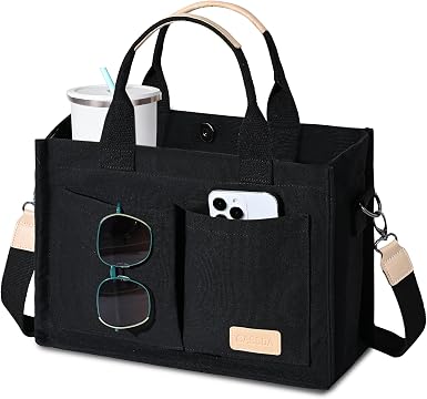 GASSDA Canvas Tote Bag for Women, Large Work Purse with Laptop Sleeve, Pockets, Zipper Closure & Adjustable Crossbody Strap, Black