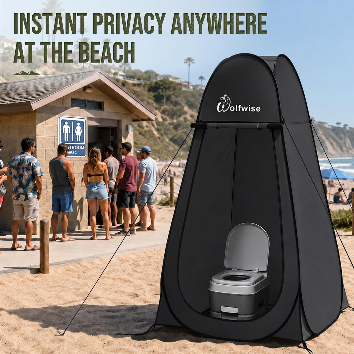 WolfWise Pop Up Shower Tent, Portable Privacy Tent for Camping, Beach & Hiking, Waterproof Changing Room & Toilet Shelter with UPF30+ Protection, Black