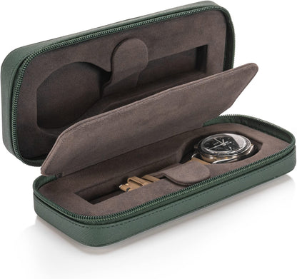 HOUSEOFHIGGINS Double Travel Watch Case for 2 Watches, 100% Saffiano Leather with Soft Microfiber Lining, Slim Watch Storage Organizer, Fits Watches up to 46mm, Green