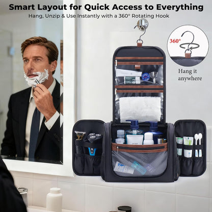 Ralnitote Toiletry Bag for Men, Large Hanging Travel Toiletry Bag, Black Shower & Hygiene Bag with Hook, Multiple Compartments for Shaving, Grooming & Bathroom Essentials, Ideal for Business & Trips