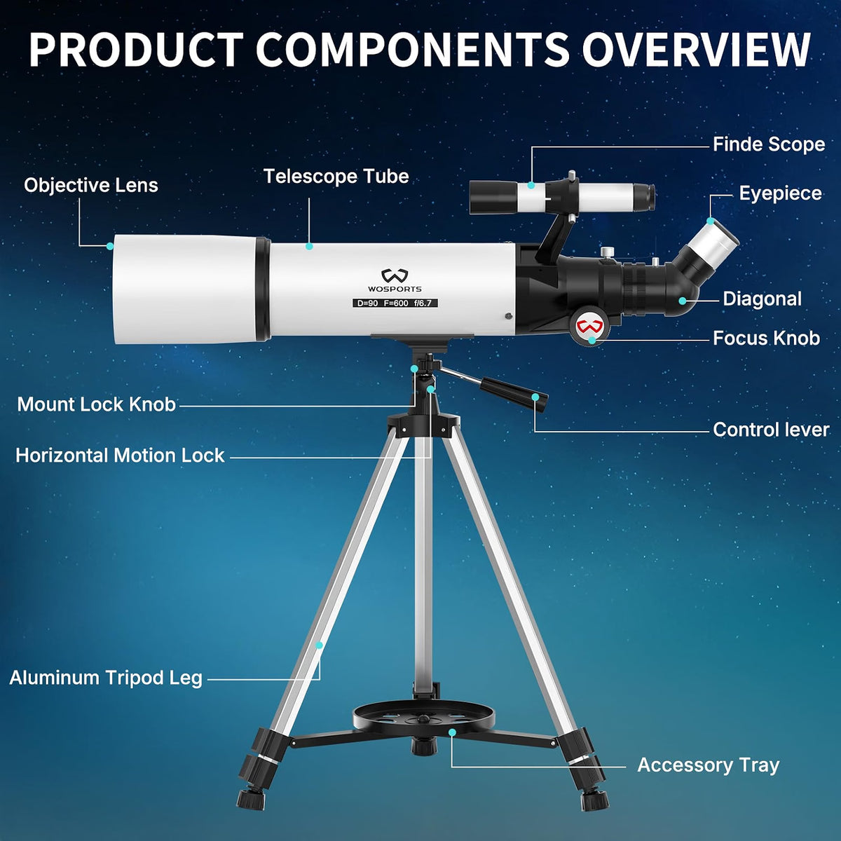 WOSPORTS 90mm Telescope for Adults & Beginners, 600mm Refractor Telescope with 180X Magnification, 10mm & 25mm Eyepieces, Adjustable Tripod, Phone Adapter & Carrying Case