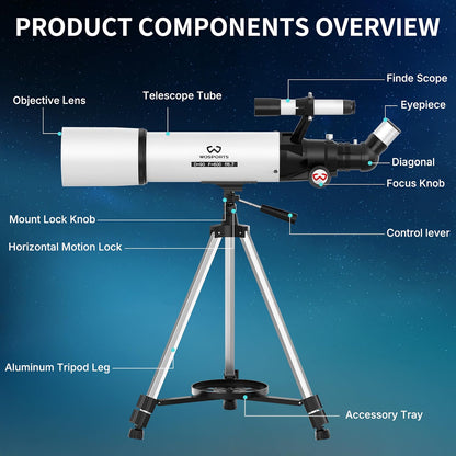 WOSPORTS 90mm Telescope for Adults & Beginners, 600mm Refractor Telescope with 180X Magnification, 10mm & 25mm Eyepieces, Adjustable Tripod, Phone Adapter & Carrying Case