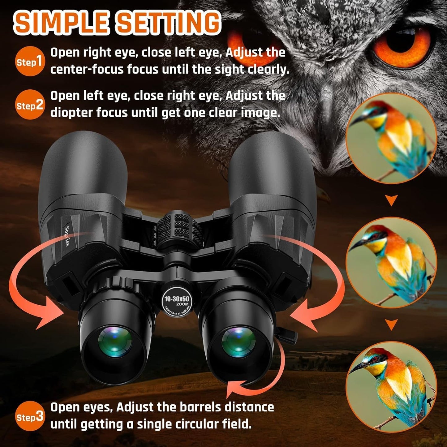 10-30x50 Zoom Binoculars for Adults High Powered HD Optics,Waterproof, Fogproof,Military,Bird Watching,Traveling Concerts,Large View,BAK4,FMC Lens,Clear Low Light Vision