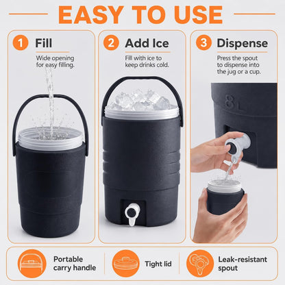 2.2 Gallon/8 L Portable Sports Cooler Water Beverage Dispenser,Insulated Cooler Dispenser With Spout & 33 Ounce/1 L Insulated Water Jug