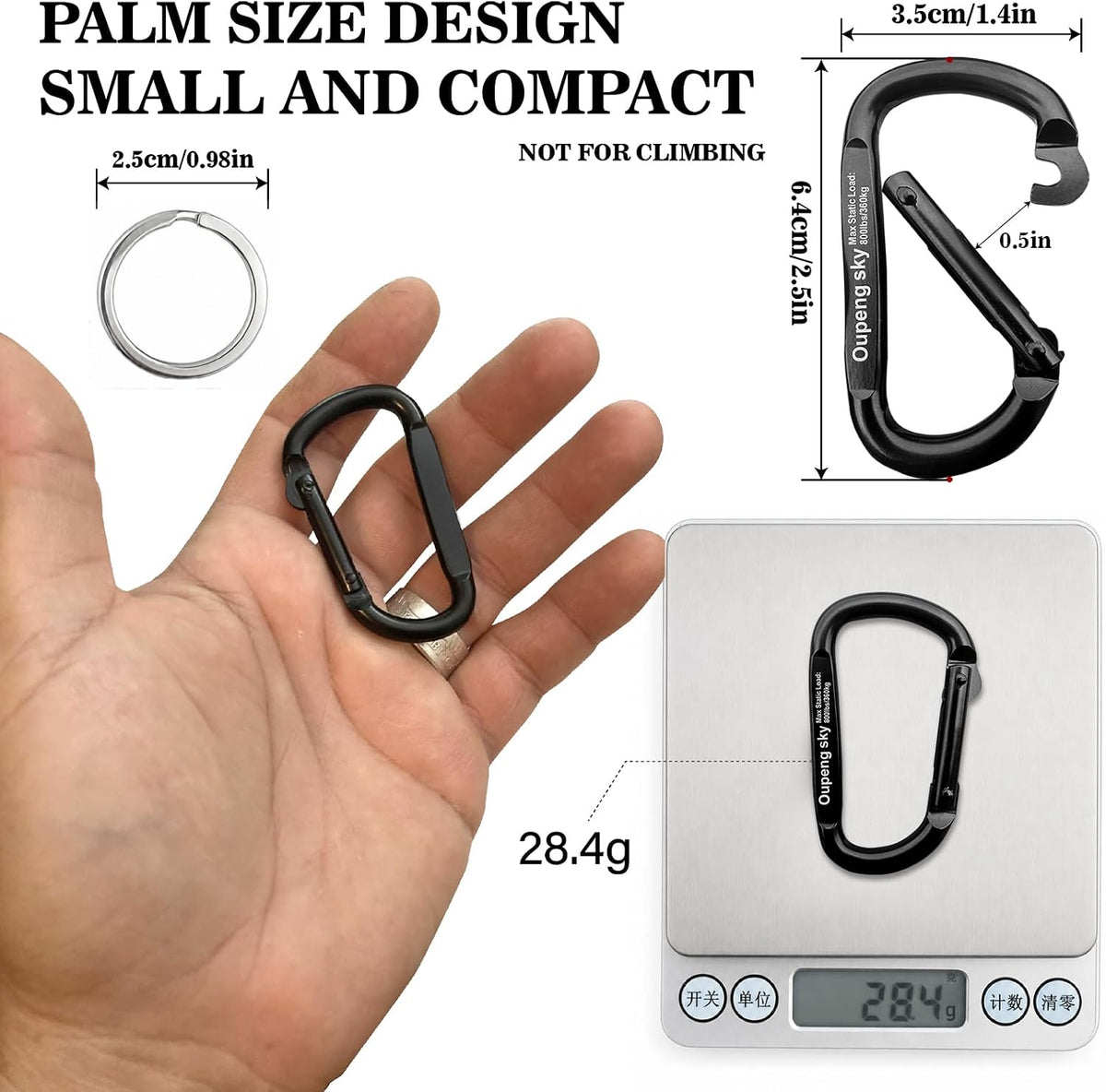 Oupeng sky Heavy-Duty Carabiner Clips, 6-Pack with Key Rings, 2.5-Inch Iron D-Shaped Keychain Clips for Camping, Hiking, Backpacking & Outdoor Gear, Black