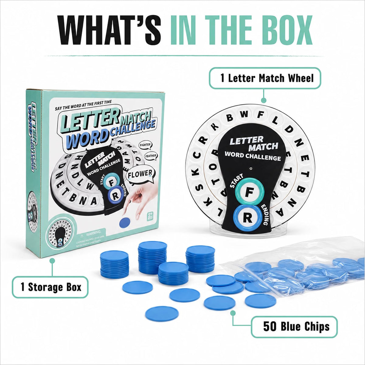 FunTotem Letter Match Word Challenge, Family Word Association Game for Kids & Adults, First Letter Last Letter Challenge with Dual Spinning Wheels, 2-8 Players, Ages 8+, Blue