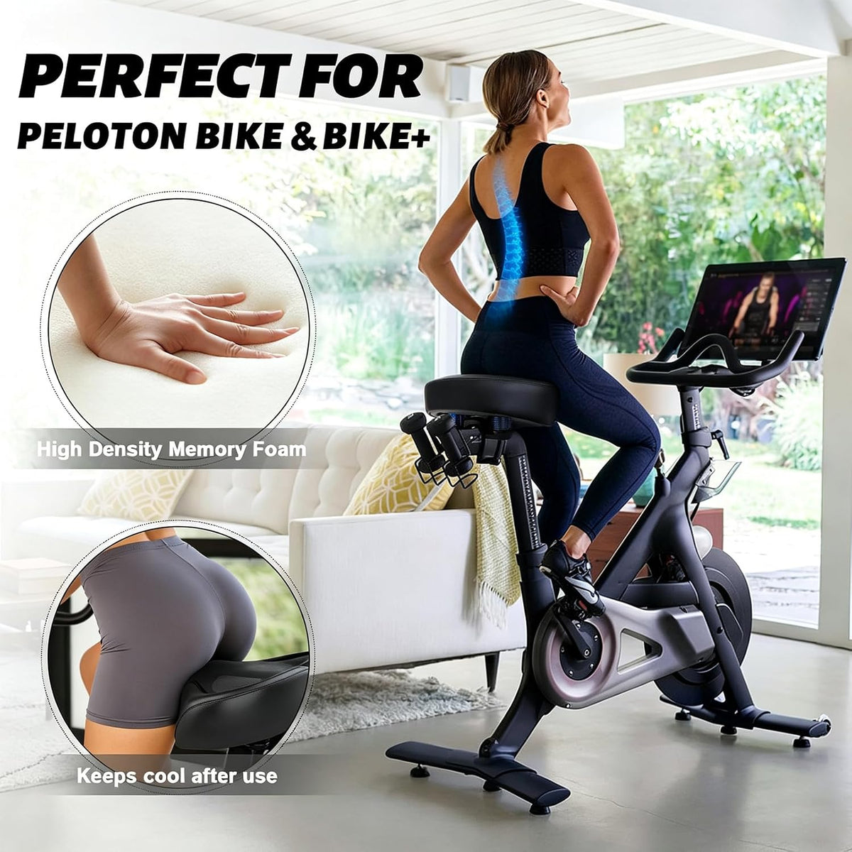 Twomaples Noseless Bike Seat Cushion for Men & Women, Extra-Wide Padded Bicycle Saddle with Memory Foam & Cooling Gel, Comfortable Seat for Exercise, Peloton, E-Bikes & Cruiser Bikes, Black