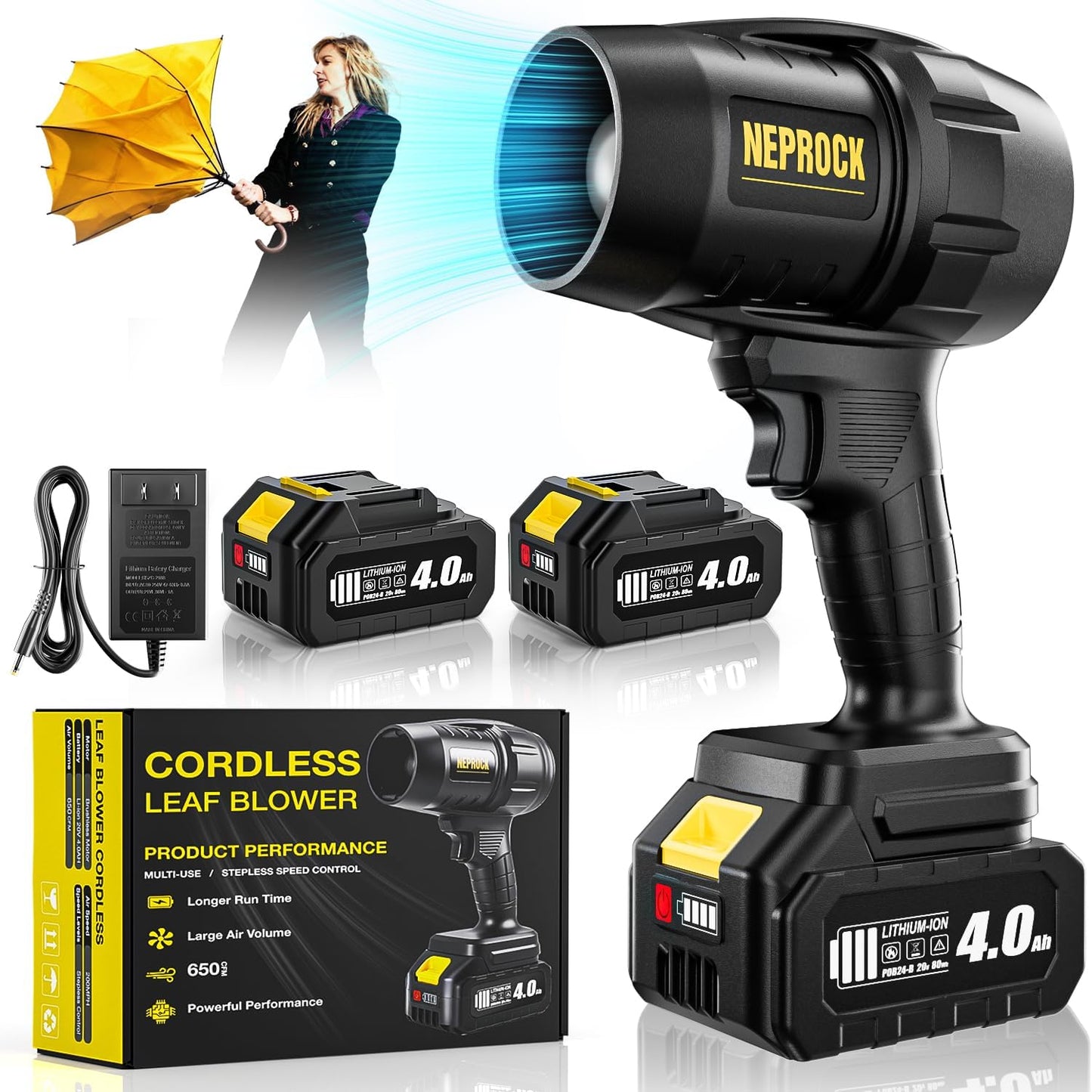 Cordless Leaf Blower, 600000 RPM Handheld Leaf Blowers with 2 X 4.0Ah Batteries & Charger, 650 CFM Small Turbo Jet Blower for Patio Cleaning, Lawn Care, Leaves, Dust, Snow