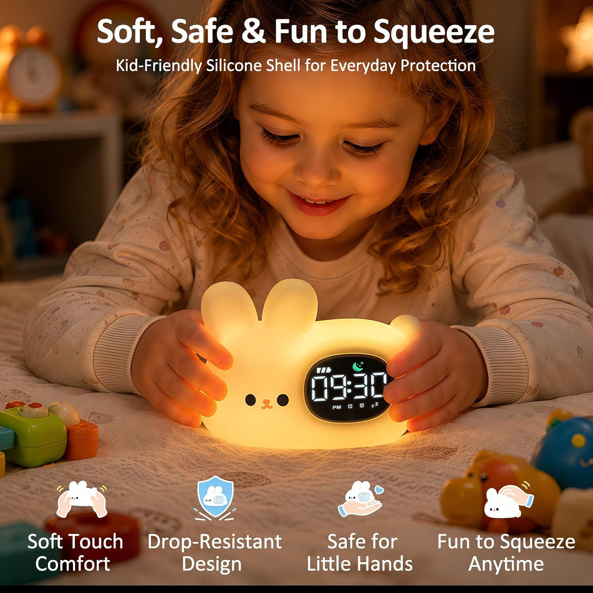 Aokpsrt Bunny Kids Alarm Clock with Night Light, OK to Wake Toddler Sleep Training Clock, Dual Alarm, White Noise, Multicolor Night Light, White