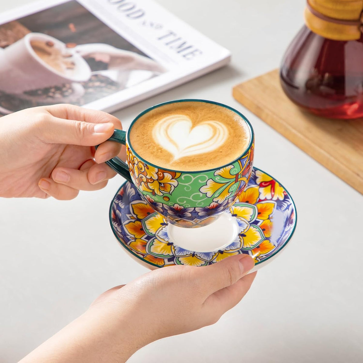 vancasso 8 Oz Cappuccino Cups, Porcelain Tea Cups and Saucers Set of 6 Bohemian Cappuccino Mugs,Perfect for Latte, Tea and Espresso, Microwave and Dishwasher Safe,Lead-Free and Non-Toxic