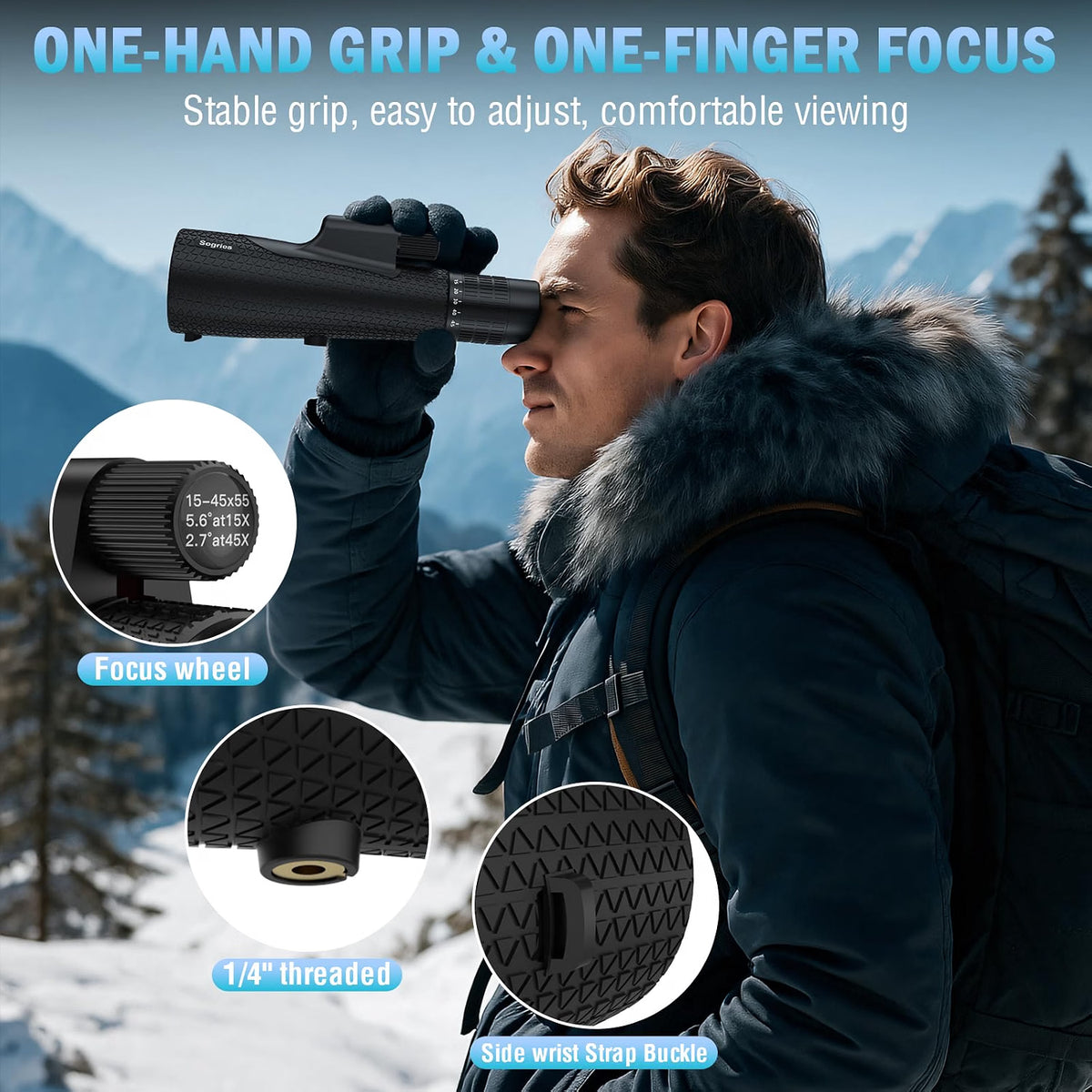 Sogries 15-45x55 High Power Zoom Monocular Telescope, 55mm BAK-4 Prism Scope for Bird Watching, Hiking, Travel, Sports & Outdoor Viewing