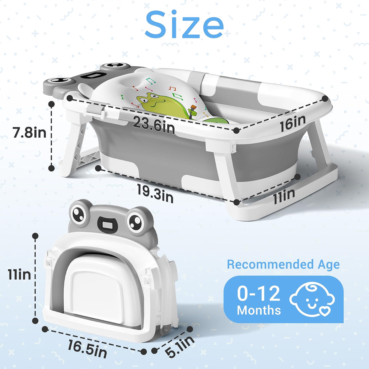Bunwag Collapsible Baby Bathtub for Newborn to Toddler, Portable Infant Bath Tub with Soft Cushion, Temperature Sensor, Thermosensitive Drain Plug & No-Slip Feet, Gray