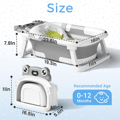 Bunwag Collapsible Baby Bathtub for Newborn to Toddler, Portable Infant Bath Tub with Soft Cushion, Temperature Sensor, Thermosensitive Drain Plug & No-Slip Feet, Gray