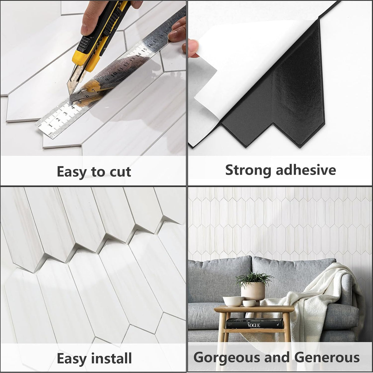 Vamos Tile Glossy Dolomite White Backsplash Tile Peel and Stick, 12.8 x 12.8 Inch 10 Sheets Long Hexagon PVC Self Adhesive Mosaic Wall Tiles Stick on Backsplash for Kitchen and Bathroom