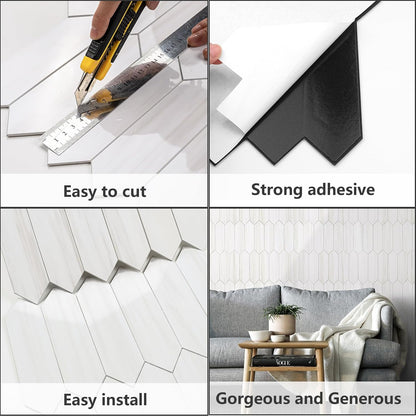 Vamos Tile Glossy Dolomite White Backsplash Tile Peel and Stick, 12.8 x 12.8 Inch 10 Sheets Long Hexagon PVC Self Adhesive Mosaic Wall Tiles Stick on Backsplash for Kitchen and Bathroom