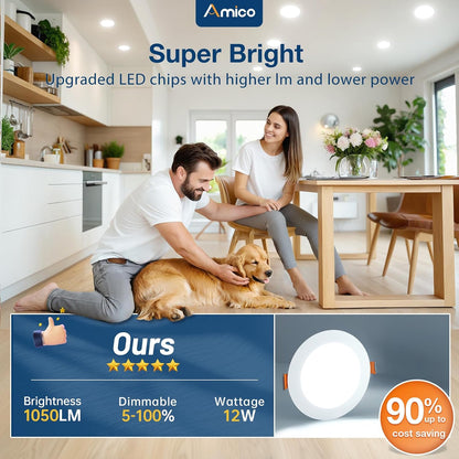 Amico 24 Pack 6 Inch LED Recessed Light with Junction Box, 5CCT, 1050LM 12W, 2700K-5000K, 5%-100% Dimmable, 120V, White, Metal Housing, Ultra-Thin Canless Wafer Downlight, ETL, FCC, IC & Damp Rated