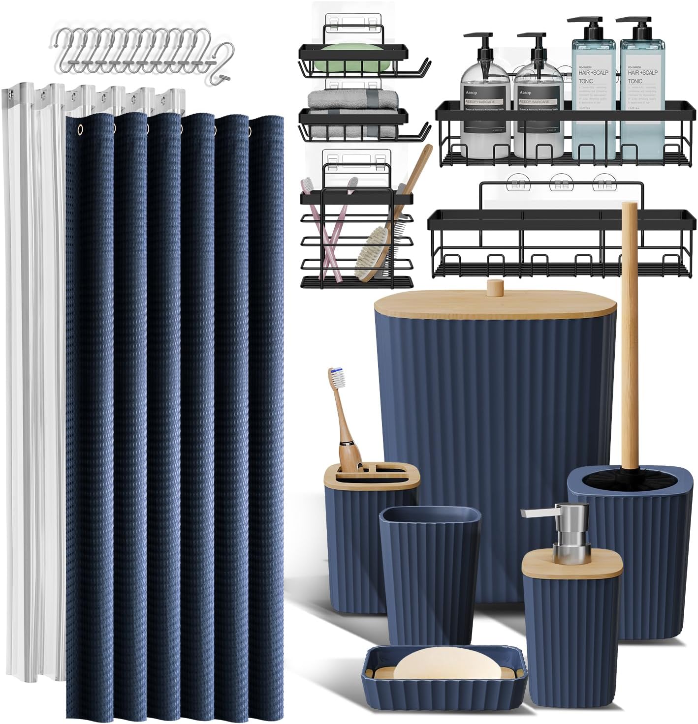 Clara Clark Black Bathroom Set, Shower Curtain Set, Bathroom Accessory Set