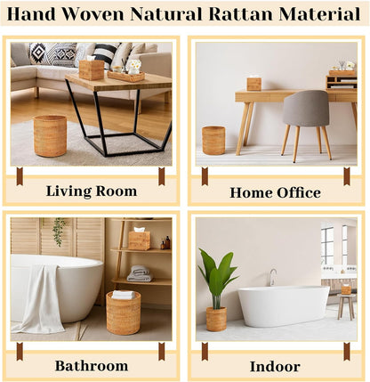 Teenyyou 3 Pcs Rattan Bathroom Accessories Set Wicker Trash Can, Natural Handwoven Trash Can Waste Paper Basket, Square Tissue Box Holder Toilet Vanity Tray, for Kitchen Office Organizer Decorative