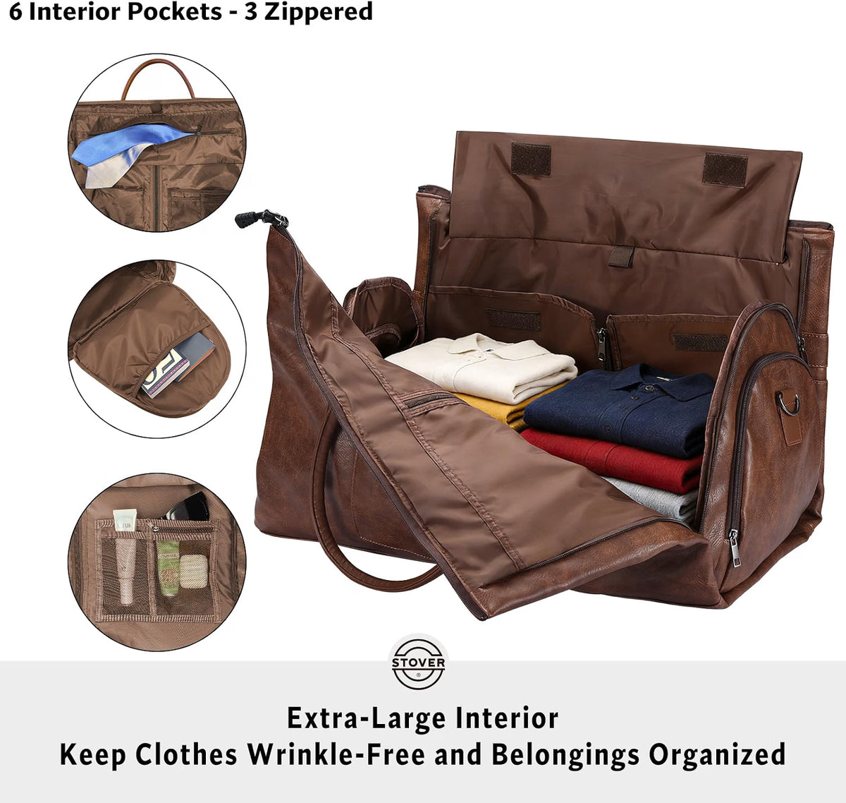 STOVER Garment Travel Duffle Bag, Large 2-in-1 Convertible Carry-On Garment Bag & Duffel with Shoe Compartment, 57L Weekender Travel Bag for Men & Women, Brown Leatherette