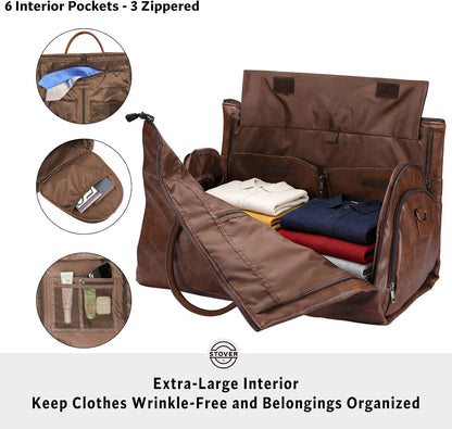 STOVER Garment Travel Duffle Bag, Large 2-in-1 Convertible Carry-On Garment Bag & Duffel with Shoe Compartment, 57L Weekender Travel Bag for Men & Women, Brown Leatherette