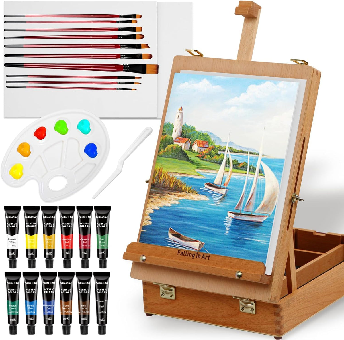 Falling in Art 27-Piece Beechwood Tabletop Easel Box Set, Acrylic Painting Kit with Easel Box, Canvas Panels, Brushes, Paints, Palette & Mixing Knife, White & Red